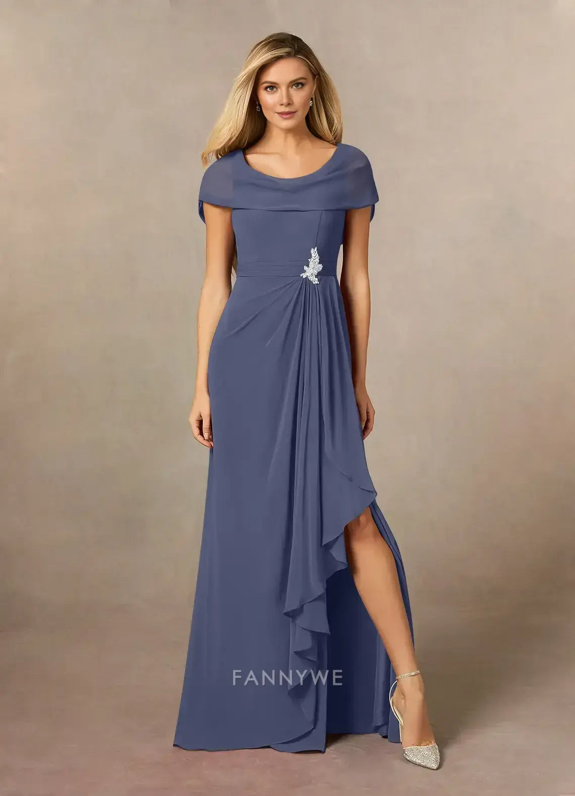 Elegant Plus size Cowl Neck Ruffled Side Slit Chiffon A-Line Maxi Dress with Brooch Detail Mother of the Bride Dress
