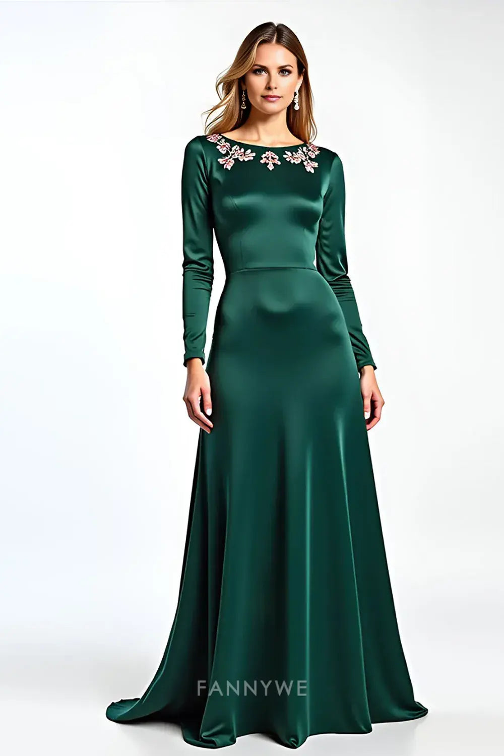 Elegant Emerald Green Satin Long Sleeve Maxi Dress Mother of the Bride Dress