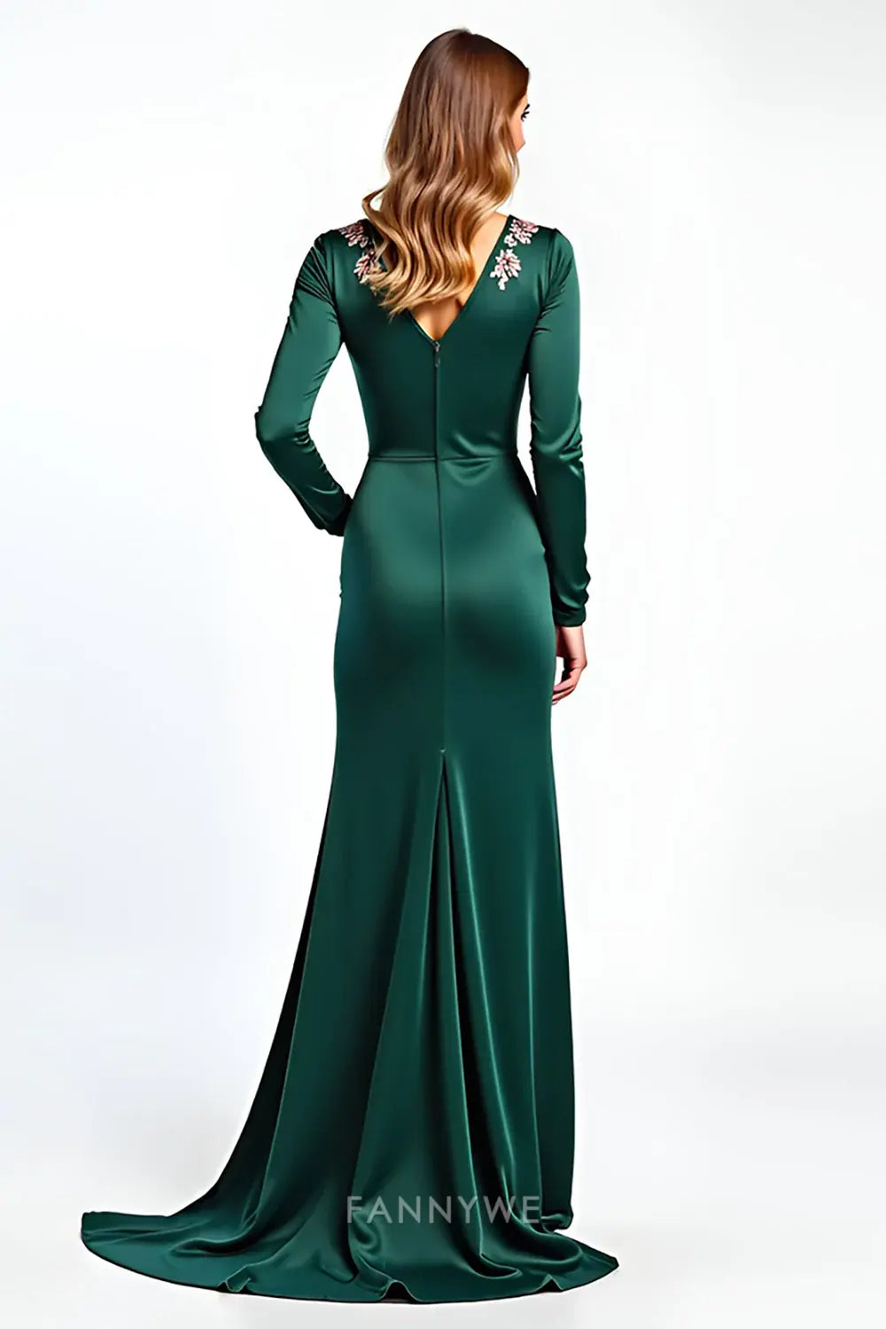 Elegant Emerald Green Satin Long Sleeve Maxi Dress Mother of the Bride Dress