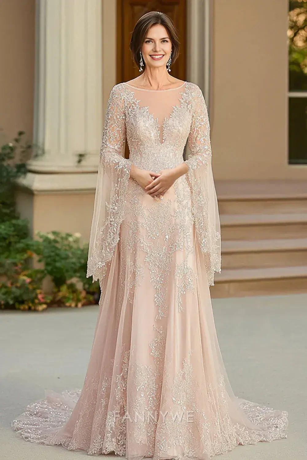 Elegant Lace Embellished Sheer Long Sleeve Mermaid Maxi Dress with Train Mother of the Bride Dress