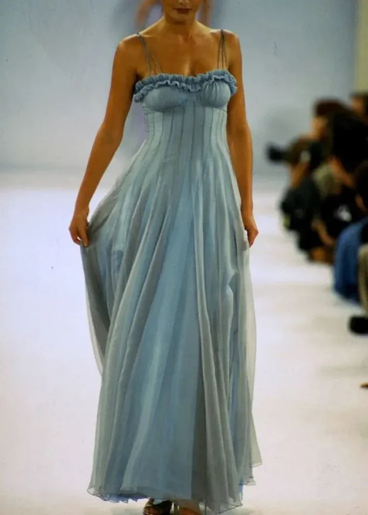 Elegant Light Blue Satin Ruffled V-neck Cross Strap Midi Length Evening Dresses