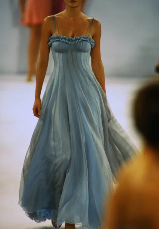 Elegant Light Blue Satin Ruffled V-neck Cross Strap Midi Length Evening Dresses