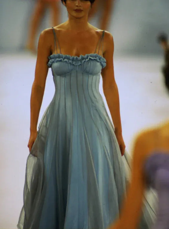 Elegant Light Blue Satin Ruffled V-neck Cross Strap Midi Length Evening Dresses