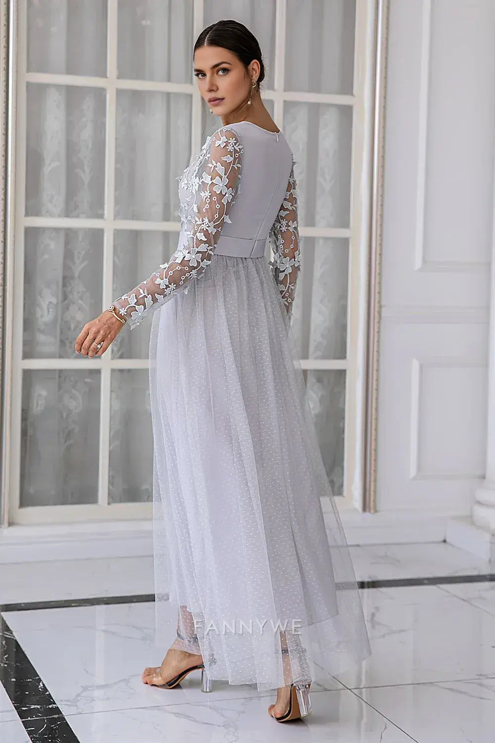 Elegant Long Sleeve Lace Embellished Tulle Maxi Dress Mother of the Bride Dress