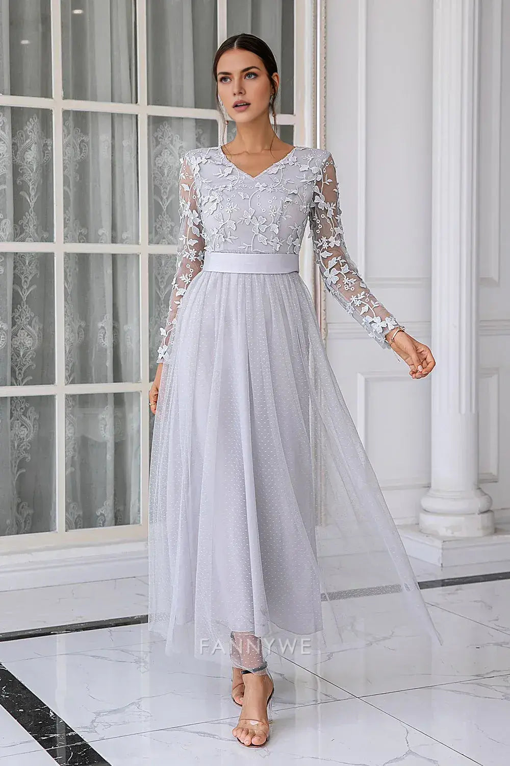 Elegant Long Sleeve Lace Embellished Tulle Maxi Dress Mother of the Bride Dress