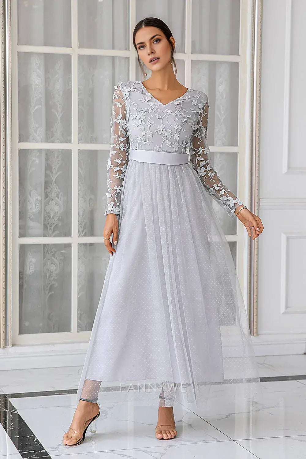 Elegant Long Sleeve Lace Embellished Tulle Maxi Dress Mother of the Bride Dress