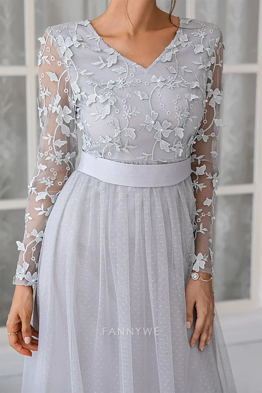 Elegant Long Sleeve Lace Embellished Tulle Maxi Dress Mother of the Bride Dress