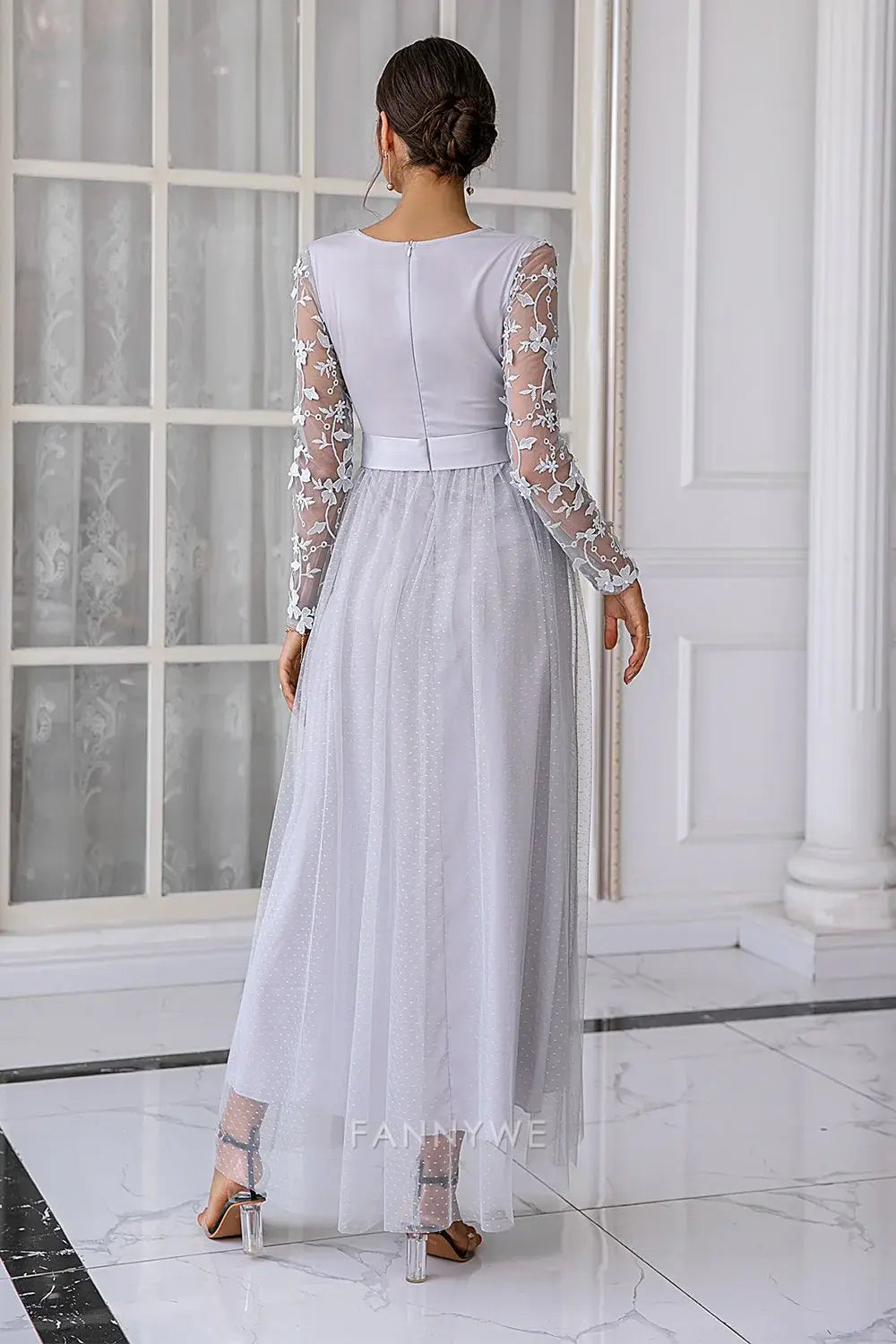 Elegant Long Sleeve Lace Embellished Tulle Maxi Dress Mother of the Bride Dress