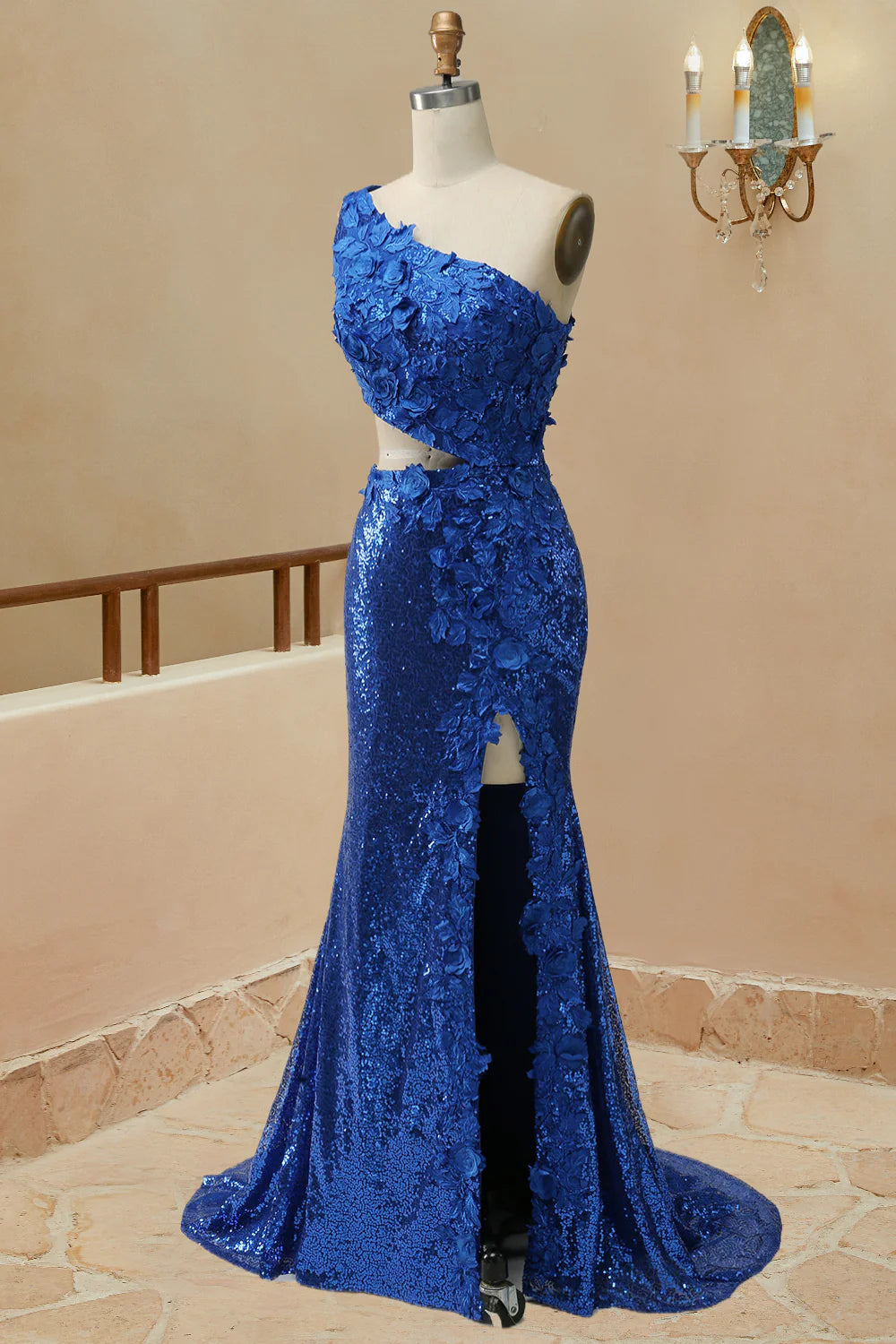 Vestido de fiesta de sirena con abertura en el hombro, lentejuelas y apliques