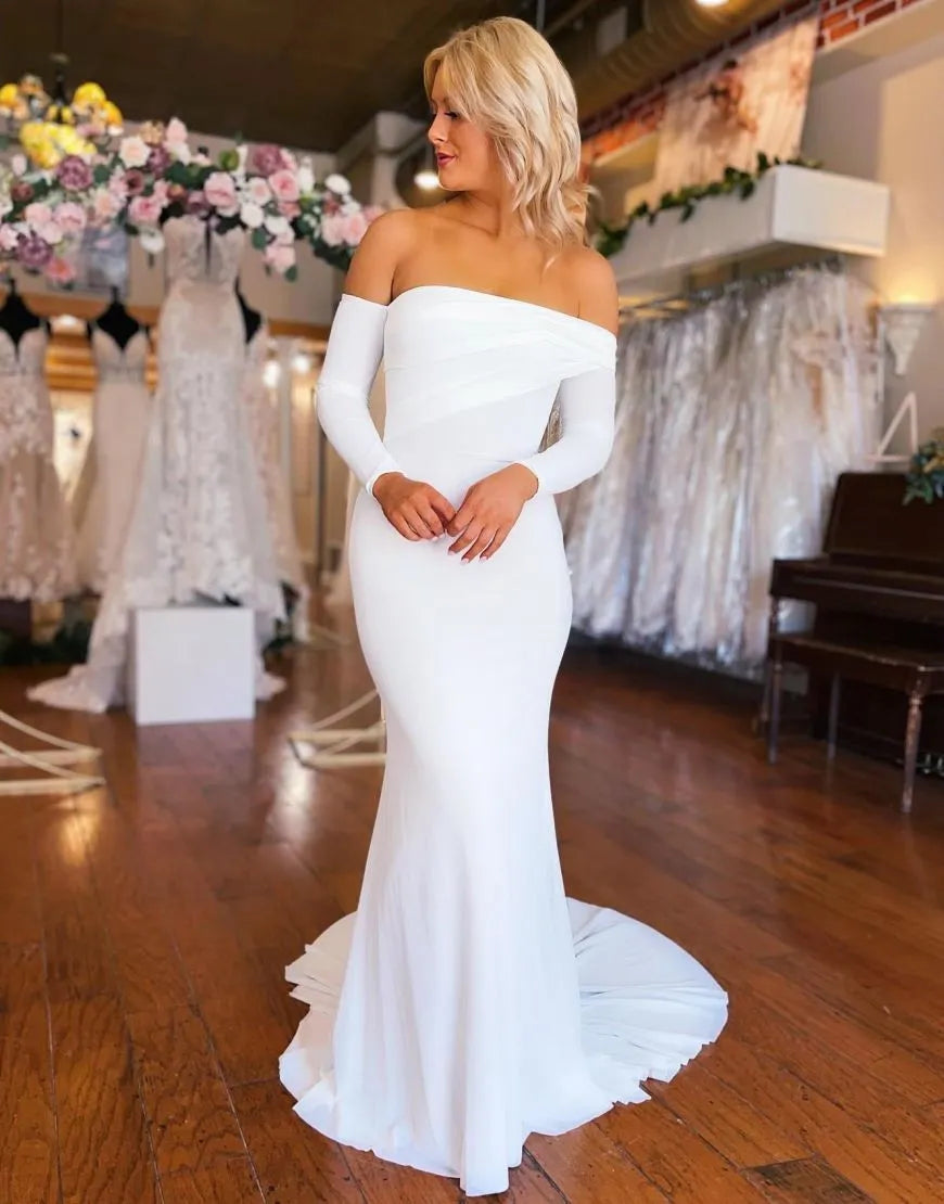 Elegant Mermaid Stretch Satin Off The Shoulder Sleeves Wedding Dress