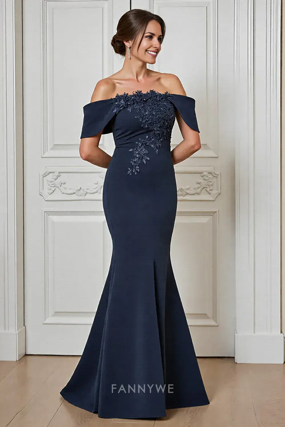 Elegant Navy Blue Off - Shoulder Mermaid Gown Mother of the Bride Dress