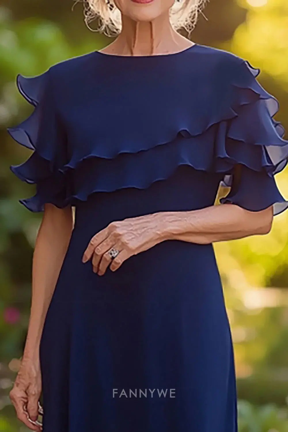 Elegant Navy Blue Ruffled Sleeve Asymmetrical Maxi Dress Mother of the Bride Dress