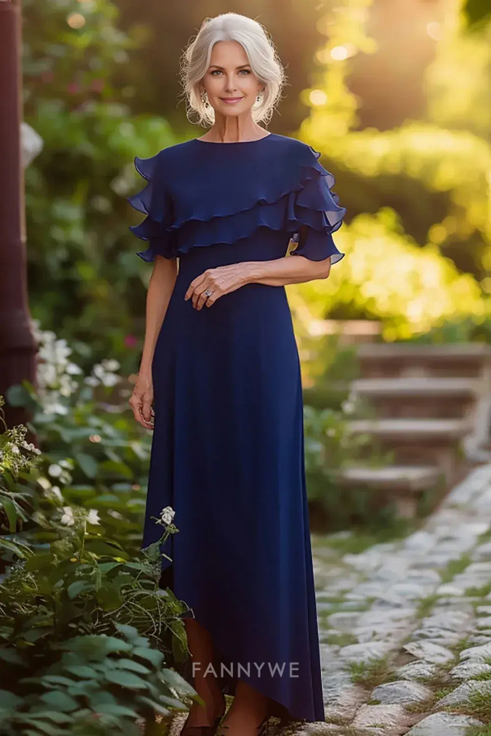 Elegant Navy Blue Ruffled Sleeve Asymmetrical Maxi Dress Mother of the Bride Dress