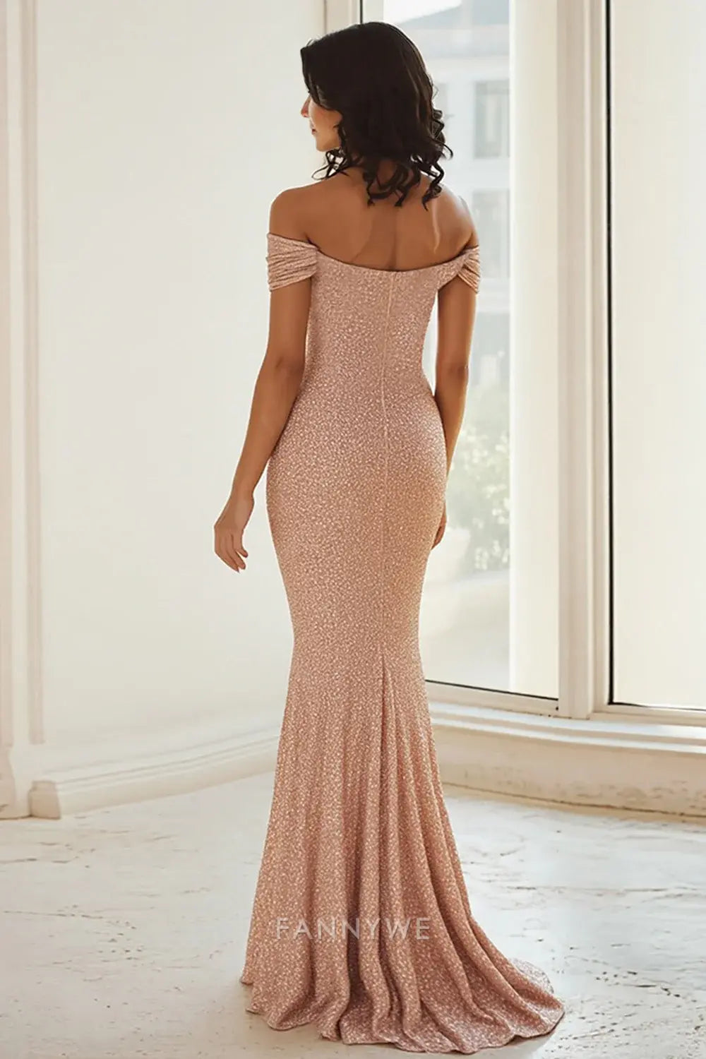 Elegant Off - Shoulder Glitter Mermaid Cap Sleeve Sweep/Brush Train Mother of the Bride Dress