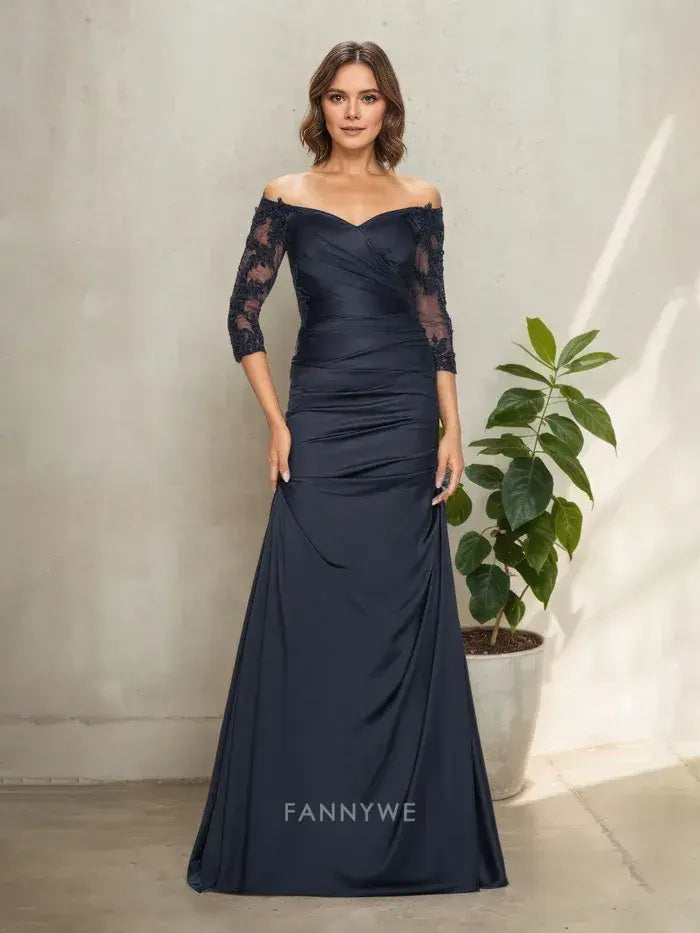 Elegant Off - Shoulder Lace Sleeve Mermaid Maxi Dress Mother of the Bride Dress