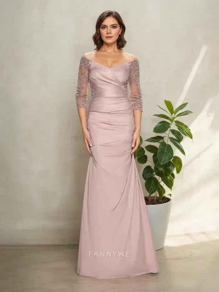 Elegant Off - Shoulder Lace Sleeve Mermaid Maxi Dress Mother of the Bride Dress