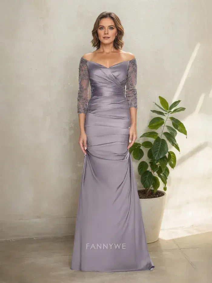 Elegant Off - Shoulder Lace Sleeve Mermaid Maxi Dress Mother of the Bride Dress