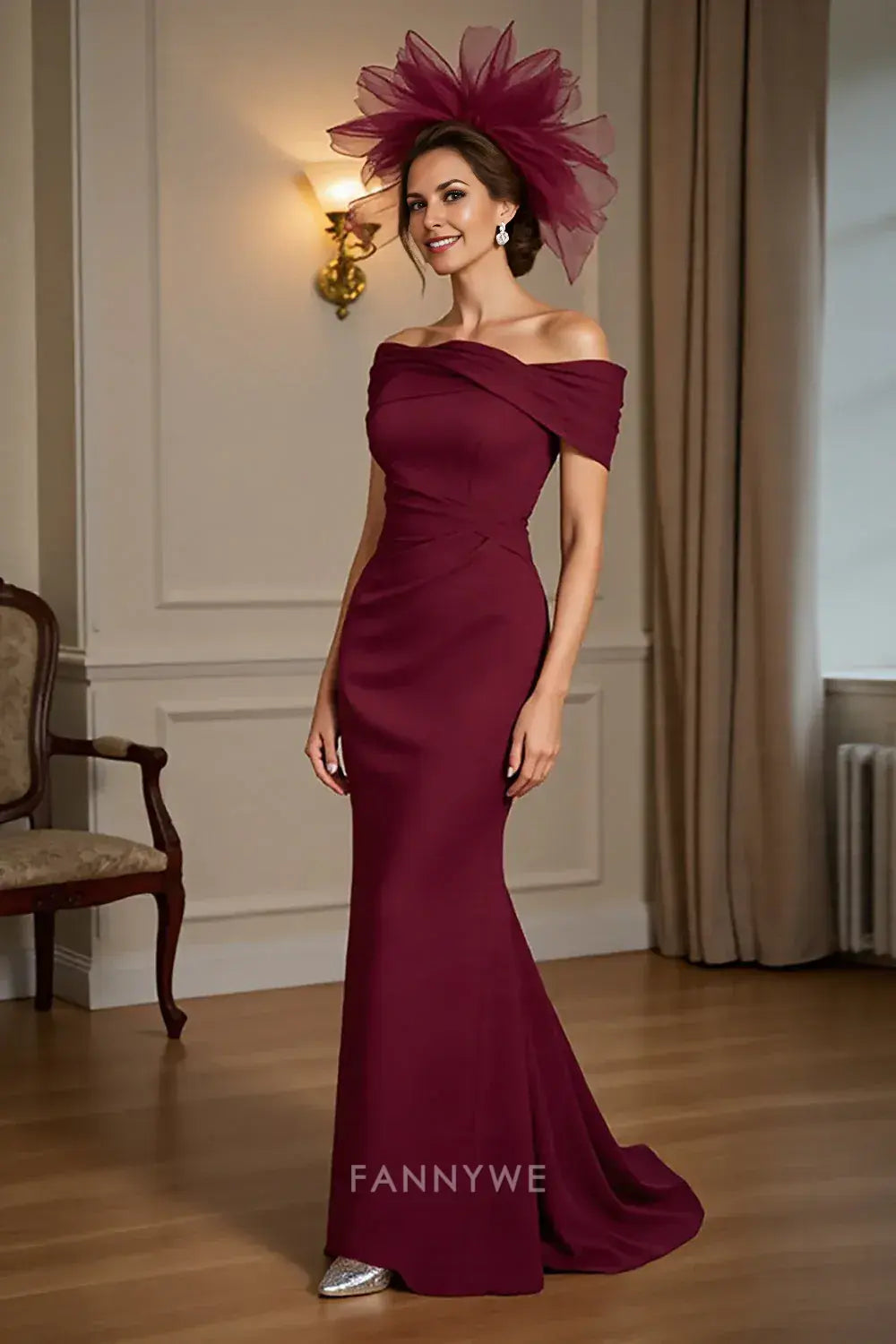 Elegant Off - Shoulder Mermaid Evening Gown in Burgundy Mother of the Bride Dress