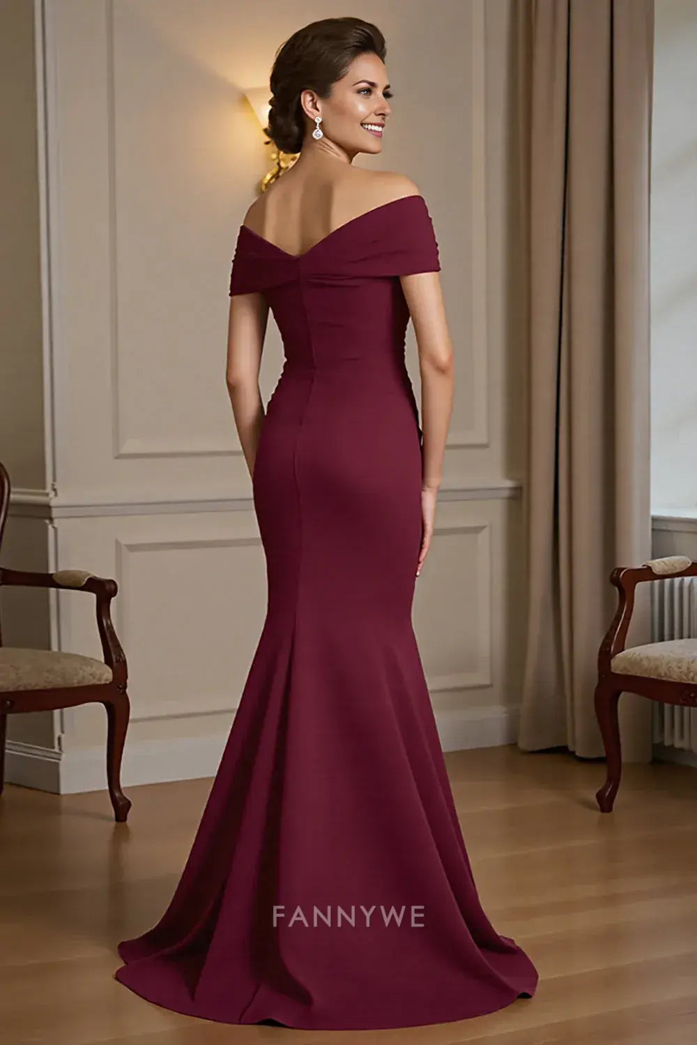 Elegant Off - Shoulder Mermaid Evening Gown in Burgundy Mother of the Bride Dress