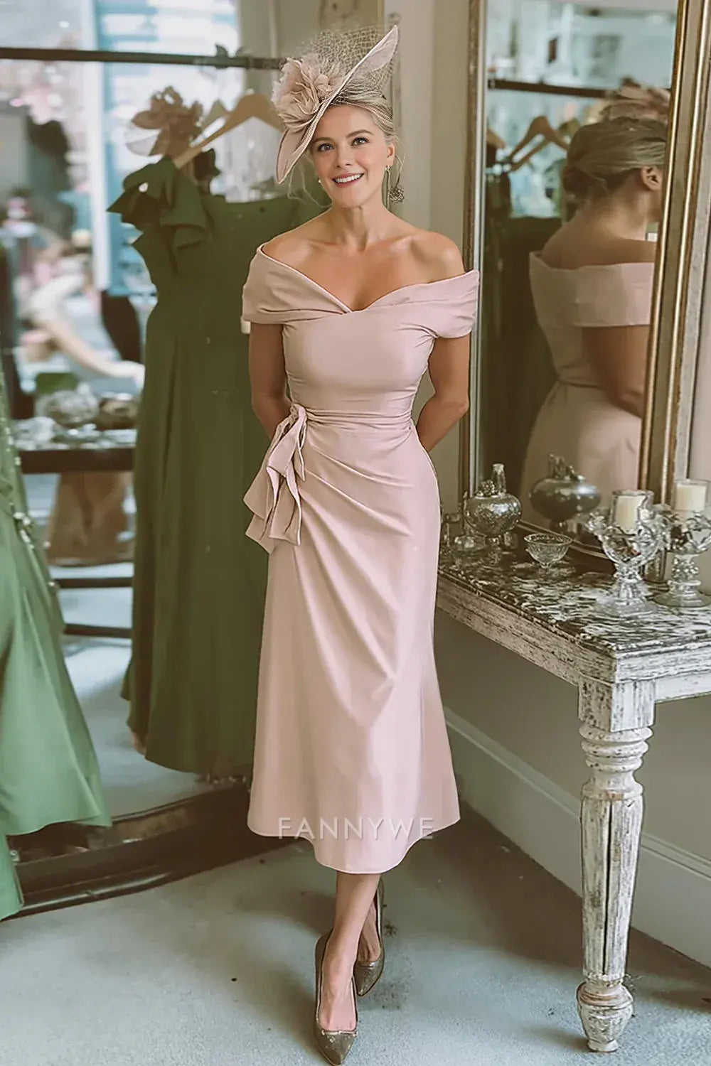 Elegant Off - Shoulder Ruched Midi Dress with Bow Detail Mother of the Bride Dress