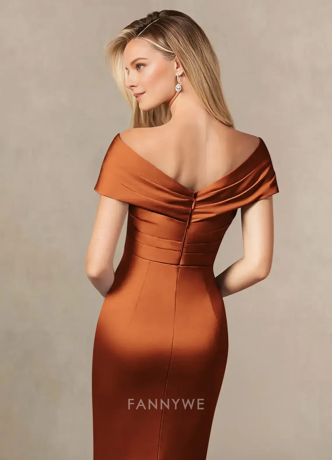 Elegant Off-Shoulder Ruched Satin Mermaid Maxi Dress with Back Slit Mother of the Bride Dress