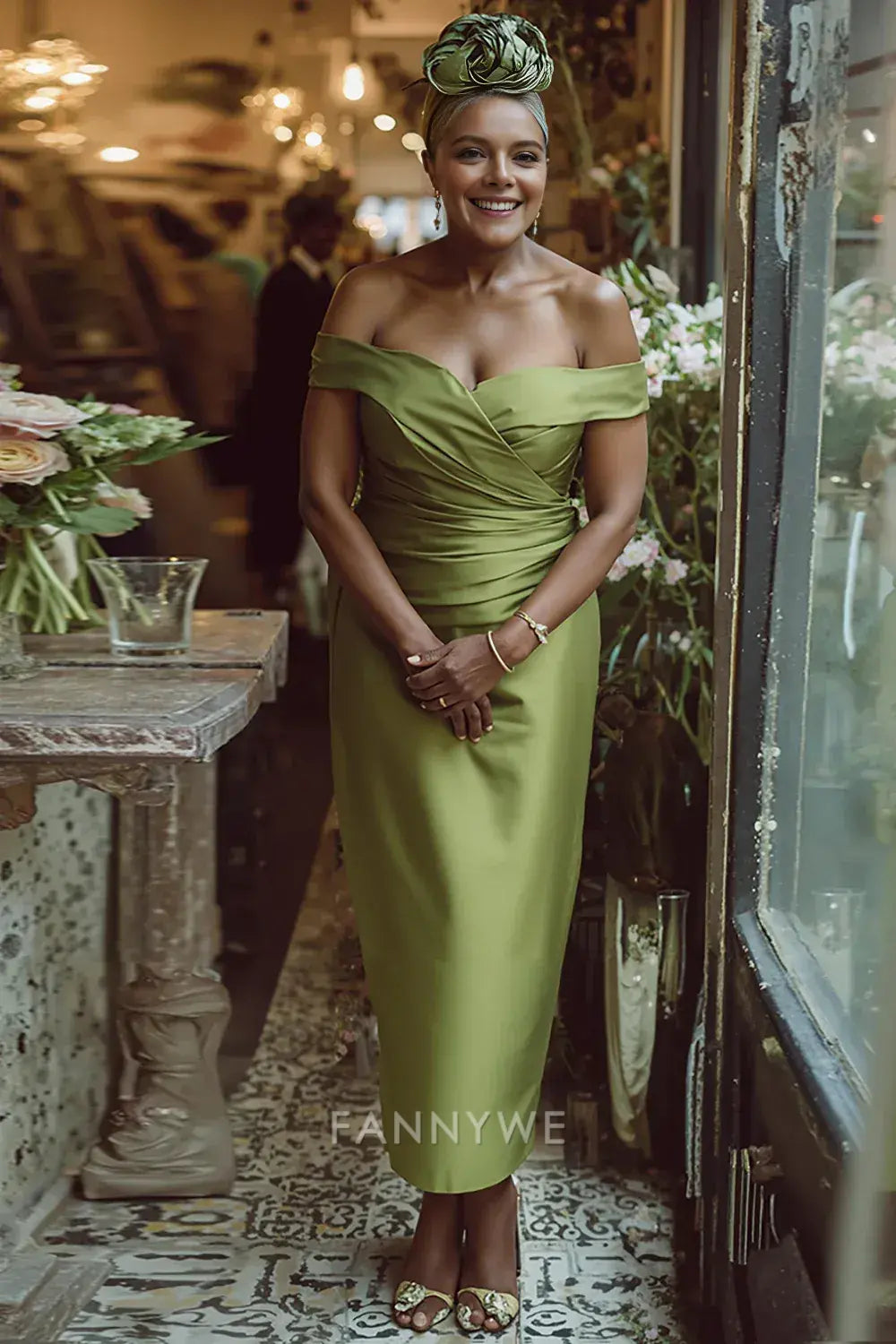 Elegant Off - Shoulder Ruched Satin Midi Dress Mother of the Bride Dress