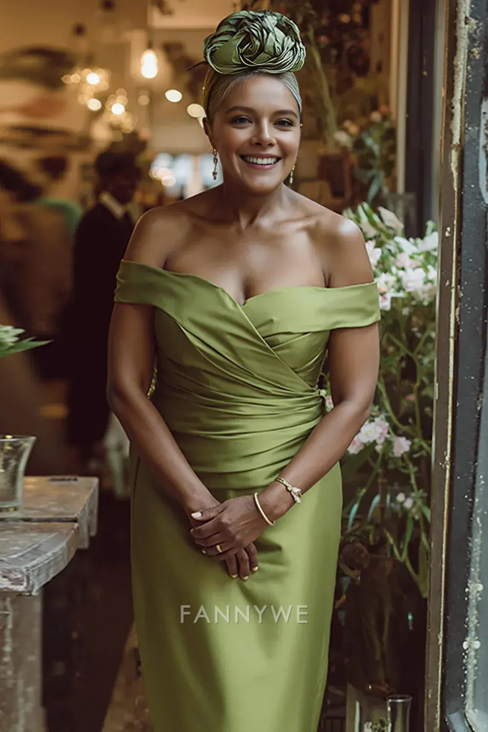 Elegant Off - Shoulder Ruched Satin Midi Dress Mother of the Bride Dress