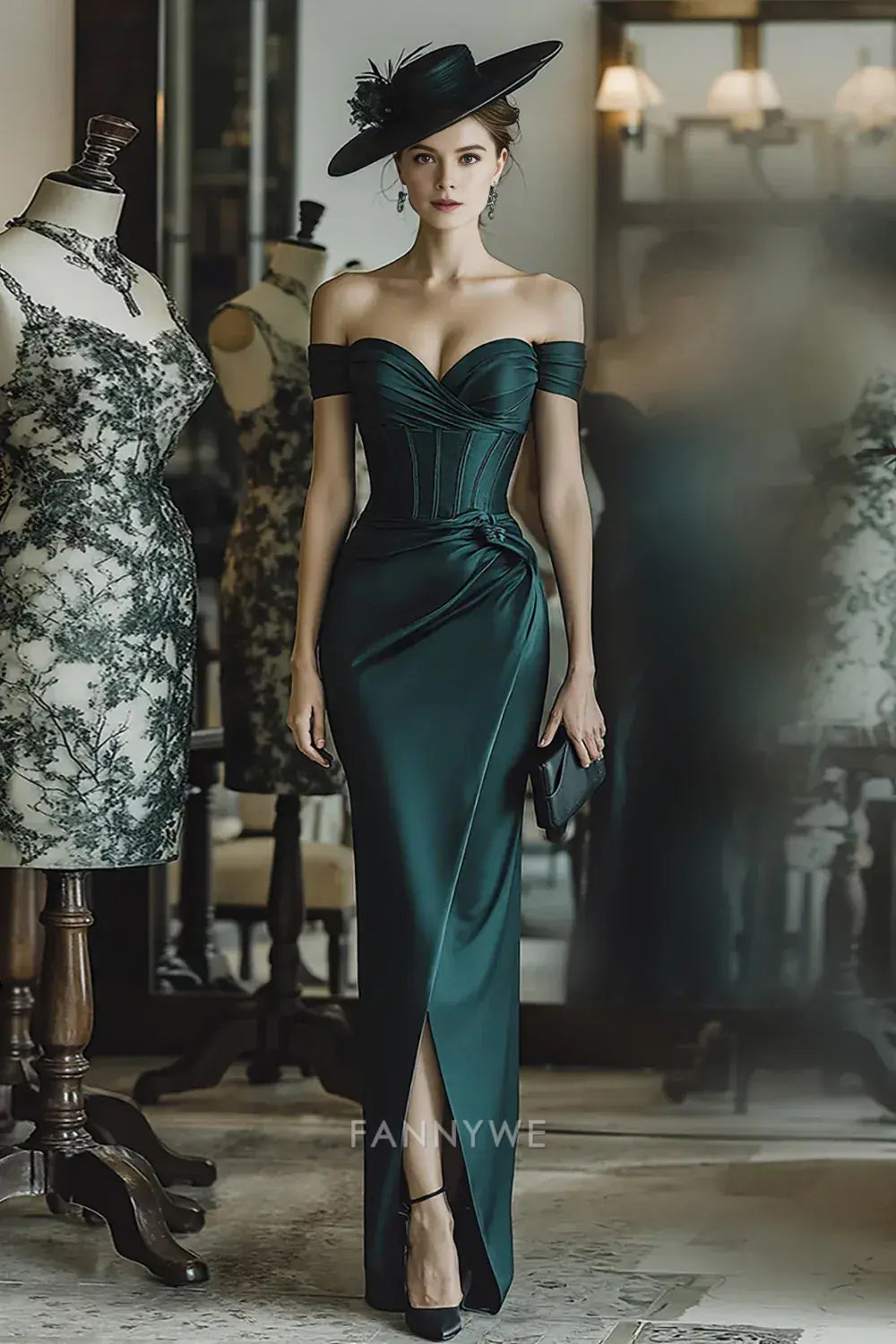 Elegant Off - Shoulder Satin Maxi Dress with Side Slit Mother of the Bride Dress