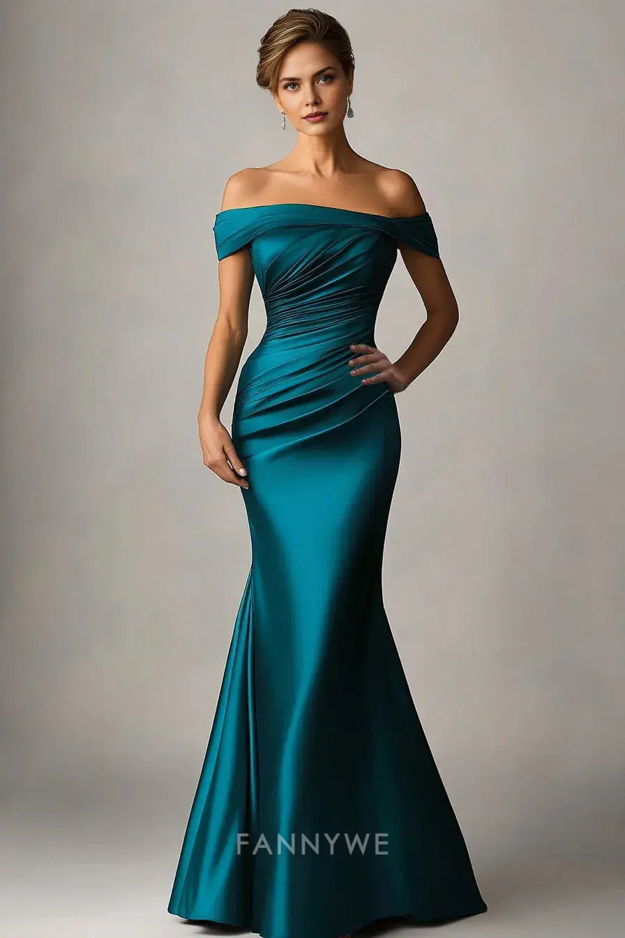 Elegant Off - Shoulder Satin Mermaid Floor-Length Maxi Dress Mother of the Bride Dress