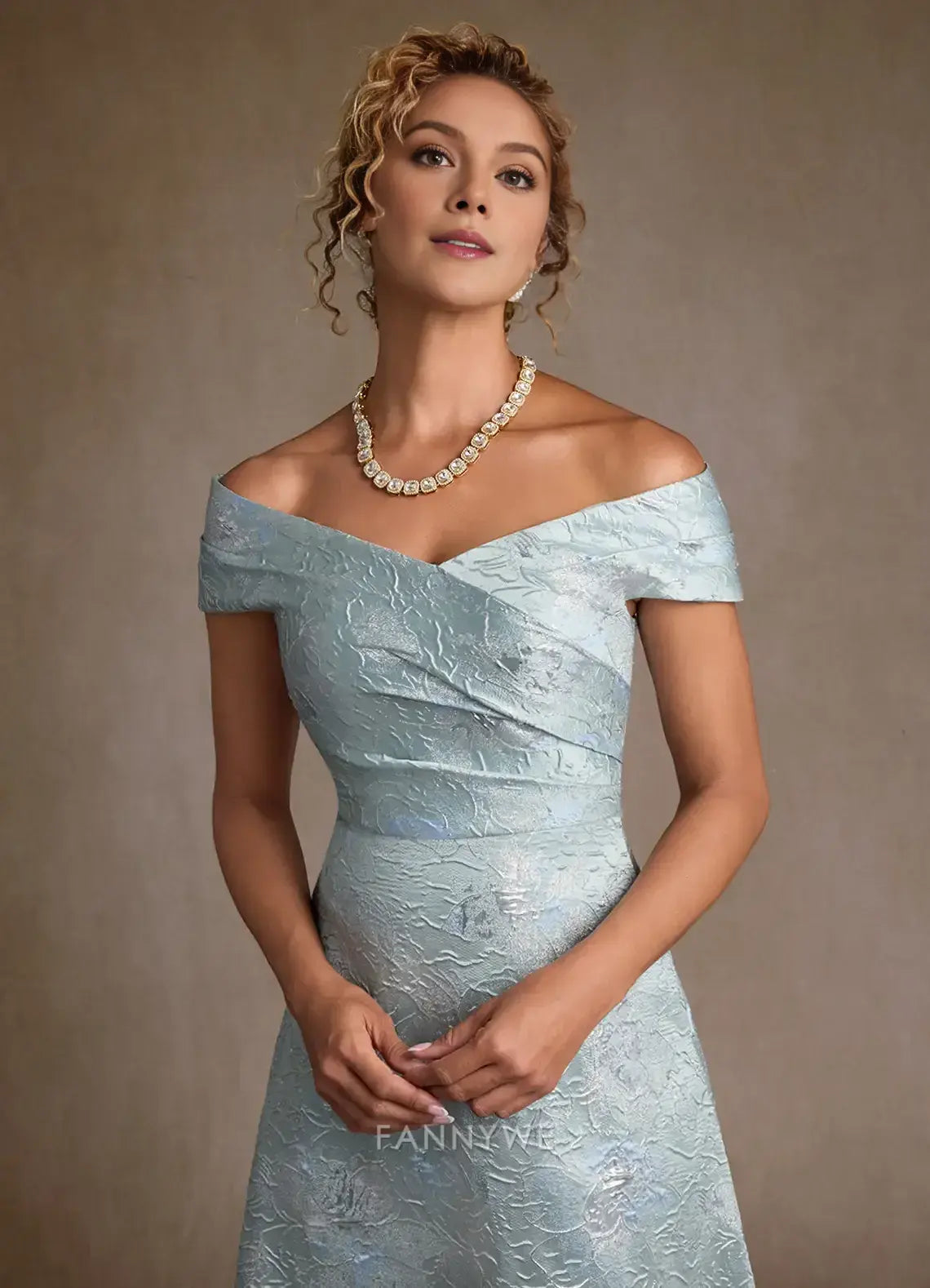 Elegant Off-Shoulder Textured Brocade Floral Jacquard A-Line Maxi Dress with Pockets Mother of the Bride Dress