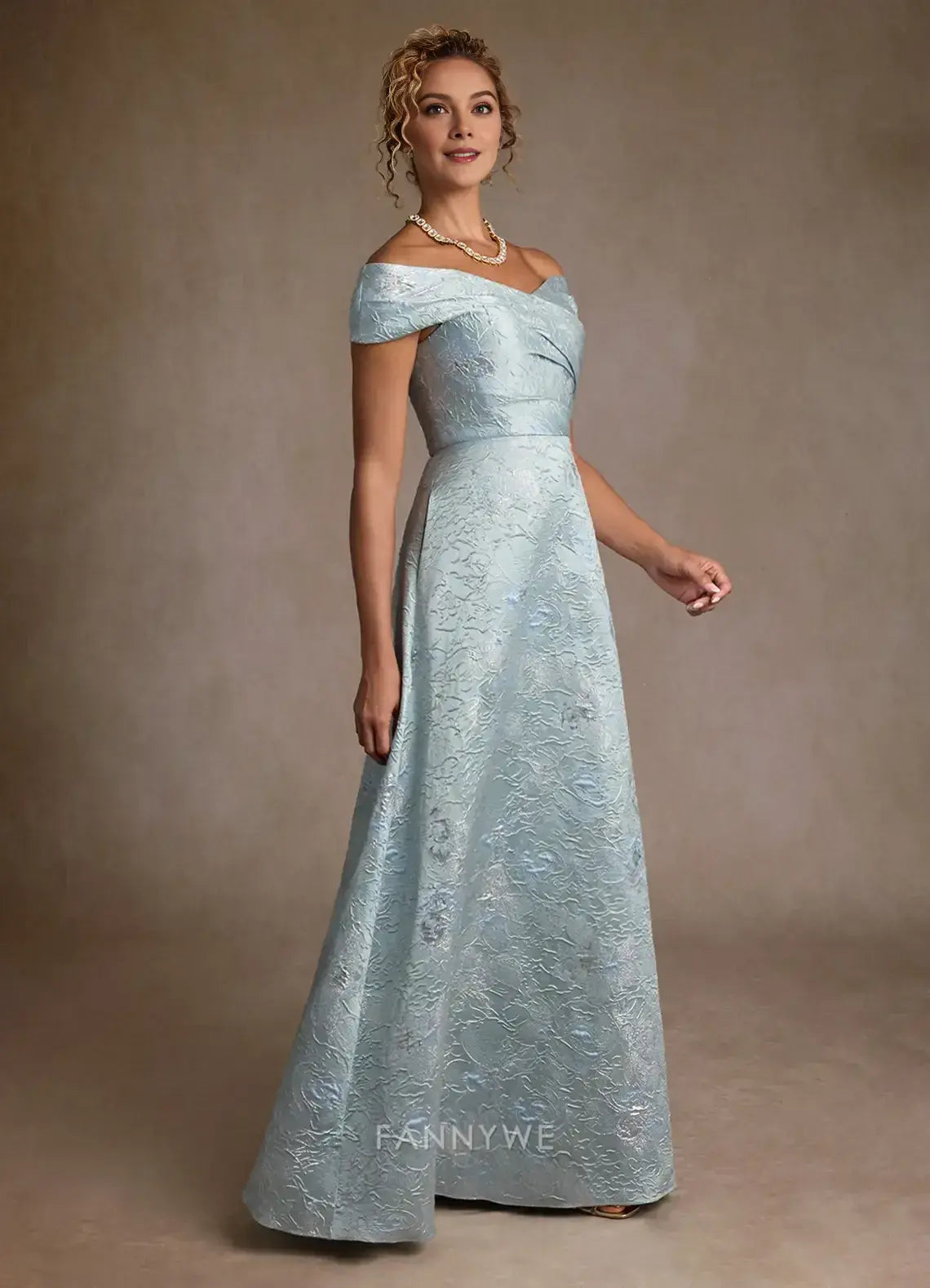 Elegant Off-Shoulder Textured Brocade Floral Jacquard A-Line Maxi Dress with Pockets Mother of the Bride Dress