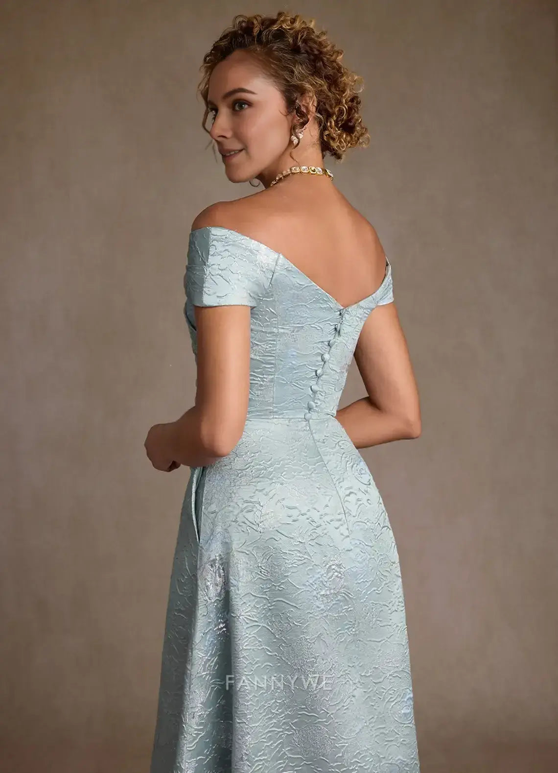 Elegant Off-Shoulder Textured Brocade Floral Jacquard A-Line Maxi Dress with Pockets Mother of the Bride Dress