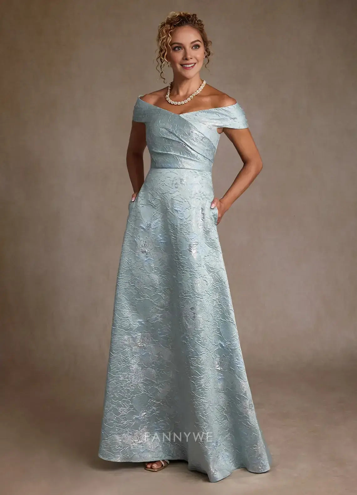 Elegant Off-Shoulder Textured Brocade Floral Jacquard A-Line Maxi Dress with Pockets Mother of the Bride Dress