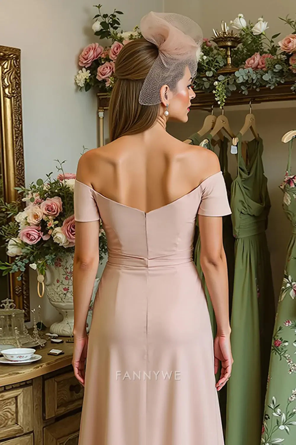 Elegant Off the Shoulder Ruched Cap Sleeve V back Tea-Length Mother of the Bride Dress