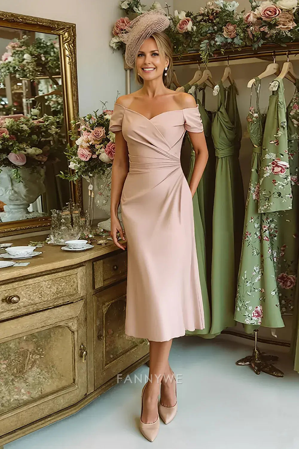 Elegant Off the Shoulder Ruched Cap Sleeve V back Tea-Length Mother of the Bride Dress