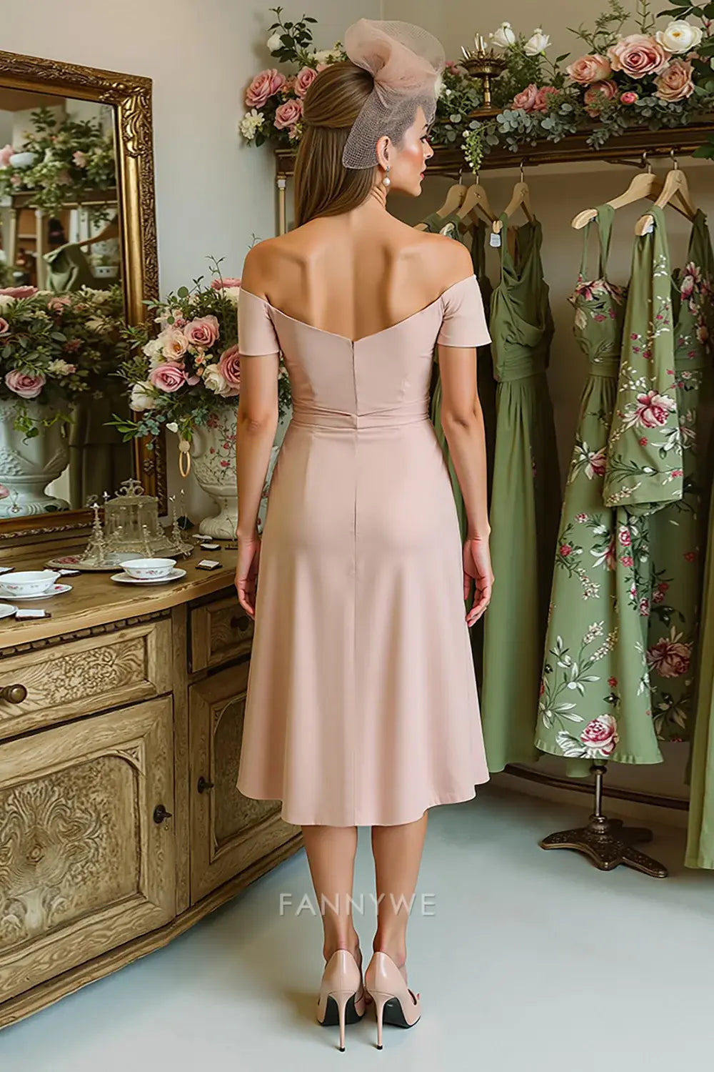 Elegant Off the Shoulder Ruched Cap Sleeve V back Tea-Length Mother of the Bride Dress