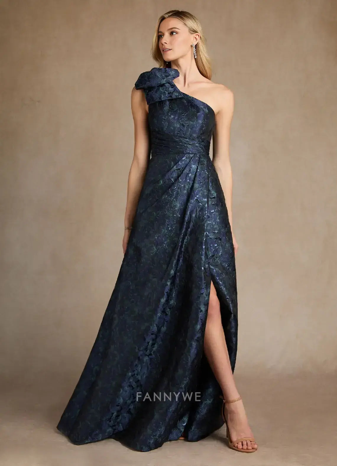 Elegant One-Shoulder Bow Detail Textured Brocade A-Line Maxi Dress with High Slit Mother of the Bride Dress