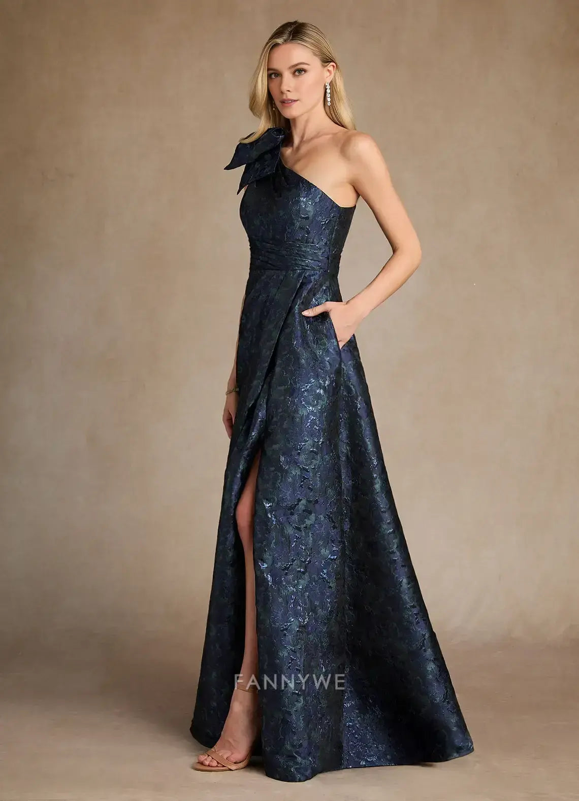 Elegant One-Shoulder Bow Detail Textured Brocade A-Line Maxi Dress with High Slit Mother of the Bride Dress