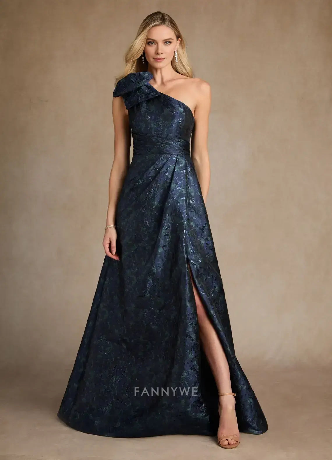 Elegant One-Shoulder Bow Detail Textured Brocade A-Line Maxi Dress with High Slit Mother of the Bride Dress
