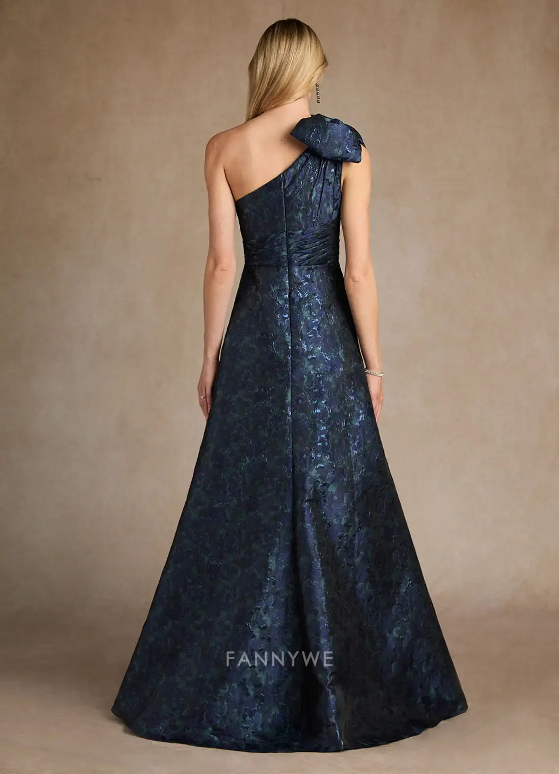 Elegant One-Shoulder Bow Detail Textured Brocade A-Line Maxi Dress with High Slit Mother of the Bride Dress