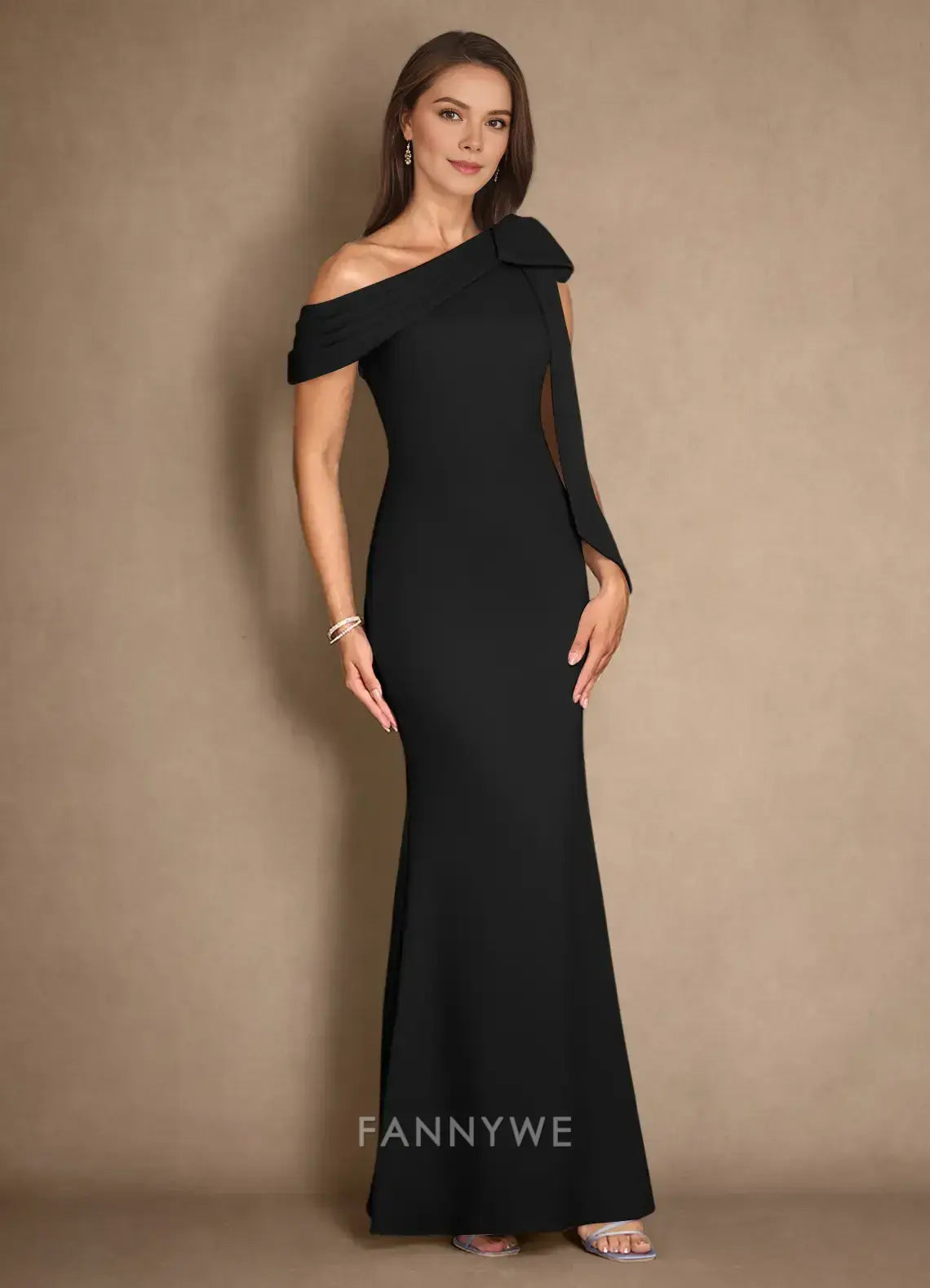 Elegant One-Shoulder Draped Bow Mermaid Maxi Dress Mother of the Bride Dress