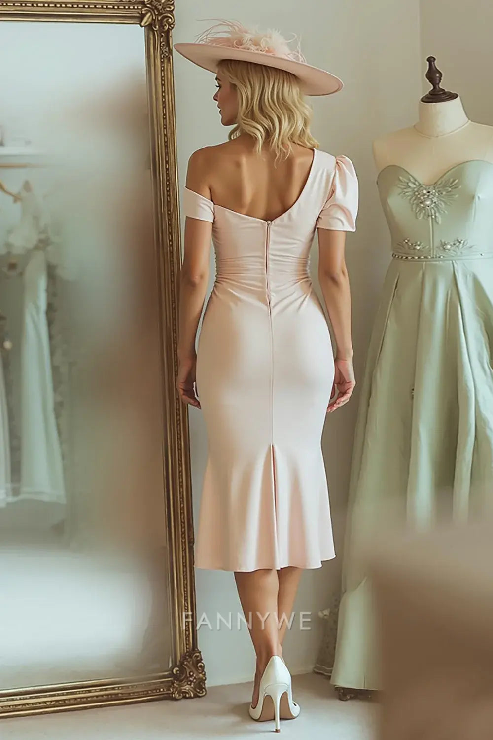 Elegant One - Shoulder Ruched Mermaid Midi Dress Mother of the Bride Dress