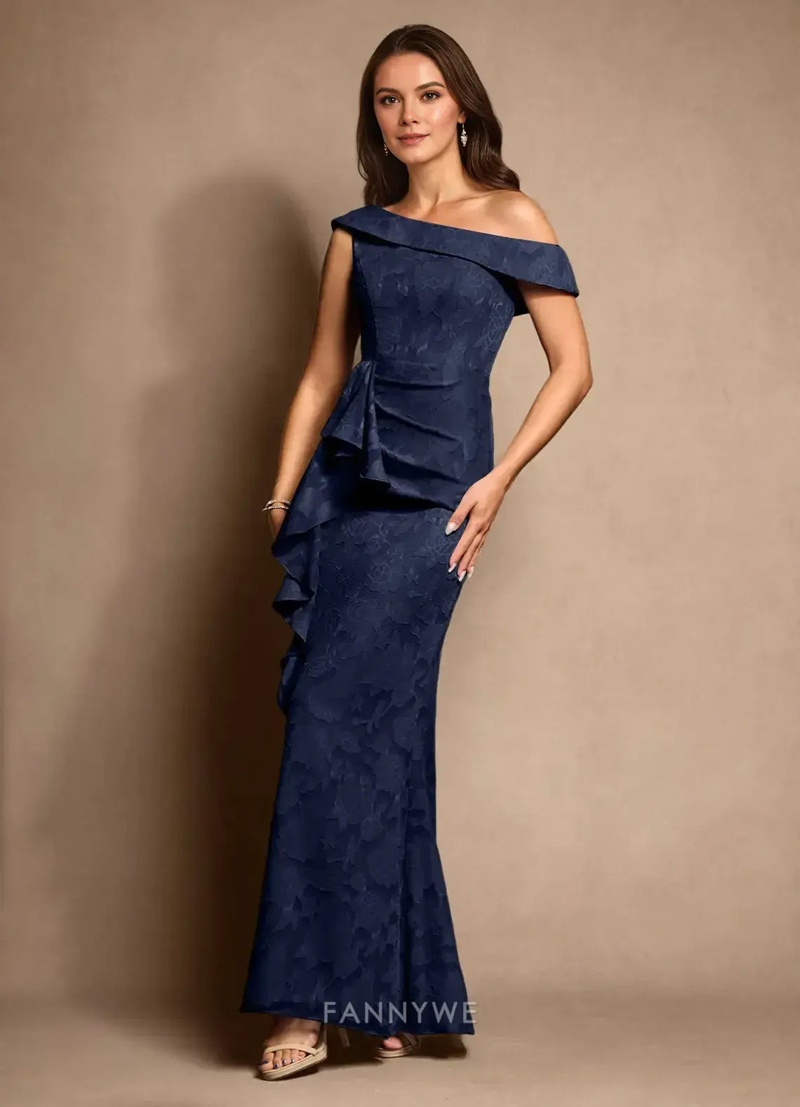 Elegant One-Shoulder Ruffled Floral Brocade Mermaid Maxi Dress Mother of the Bride Dress