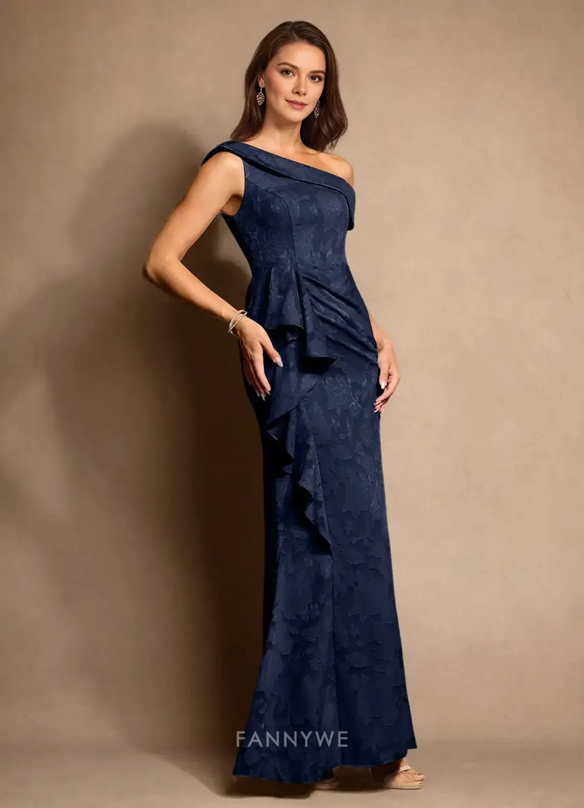 Elegant One-Shoulder Ruffled Floral Brocade Mermaid Maxi Dress Mother of the Bride Dress