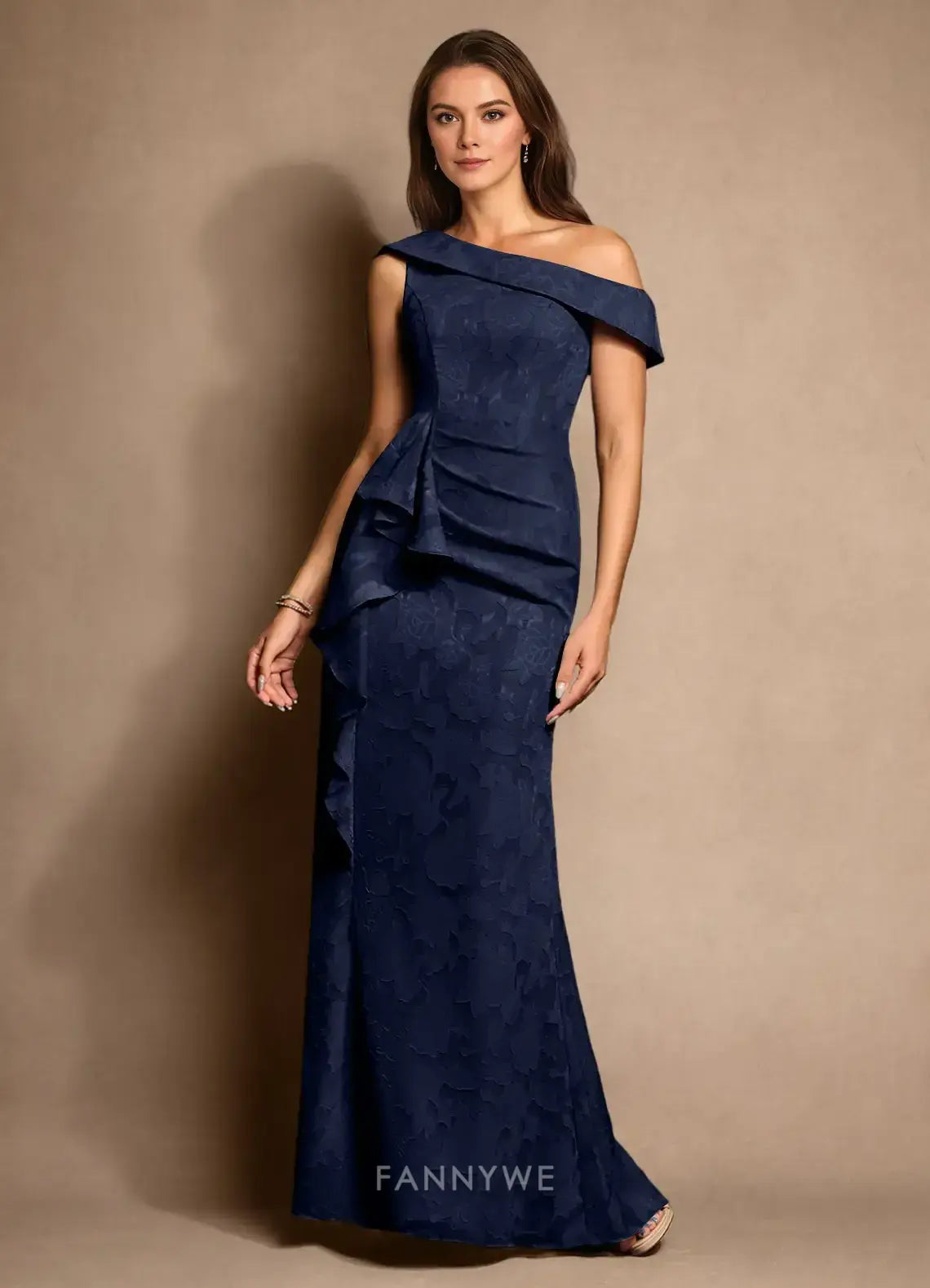 Elegant One-Shoulder Ruffled Floral Brocade Mermaid Maxi Dress Mother of the Bride Dress