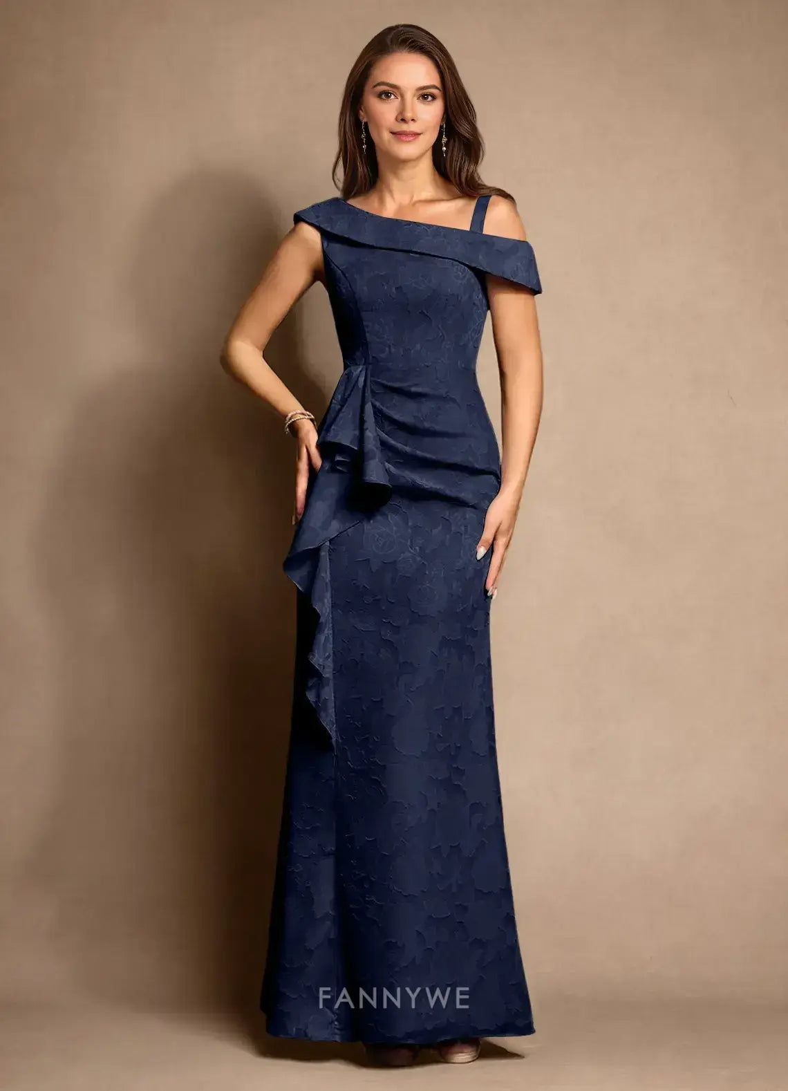 Elegant One-Shoulder Ruffled Floral Brocade Mermaid Maxi Dress Mother of the Bride Dress