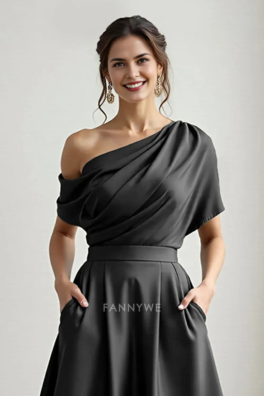 Elegant One - Shoulder Satin Midi Dress with Pockets Mother of the Bride Dress