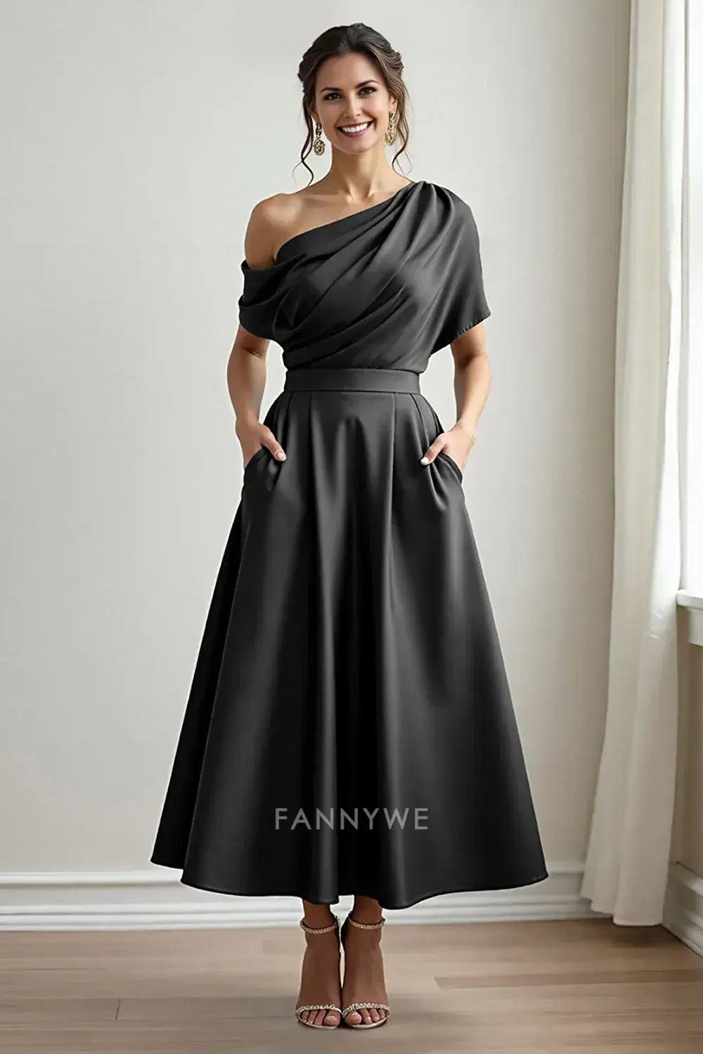 Elegant One - Shoulder Satin Midi Dress with Pockets Mother of the Bride Dress