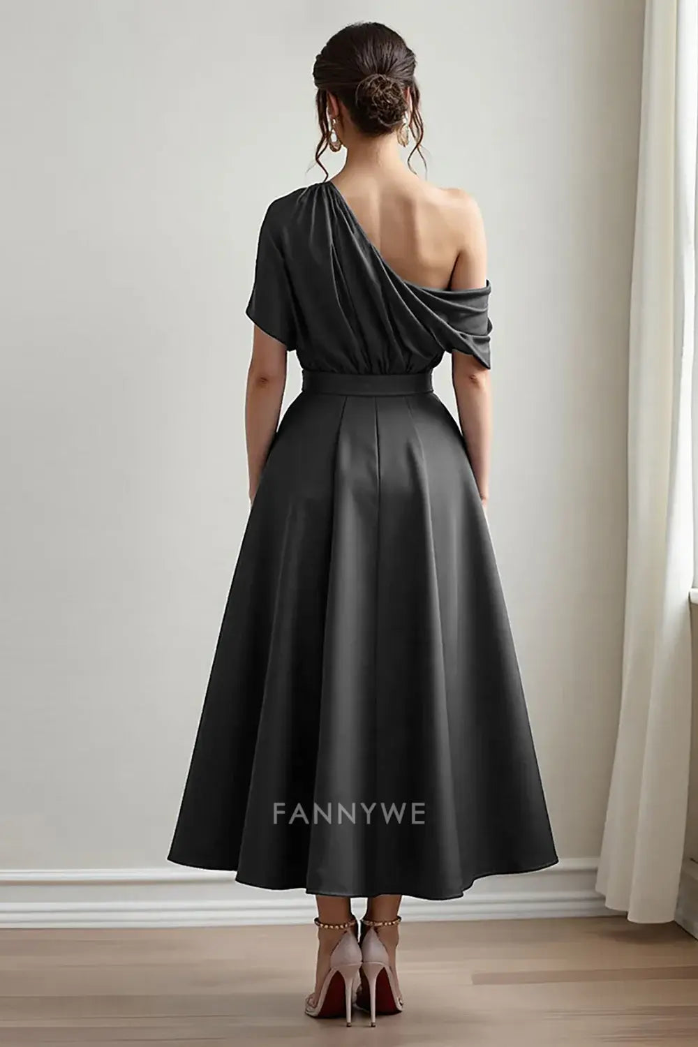 Elegant One - Shoulder Satin Midi Dress with Pockets Mother of the Bride Dress