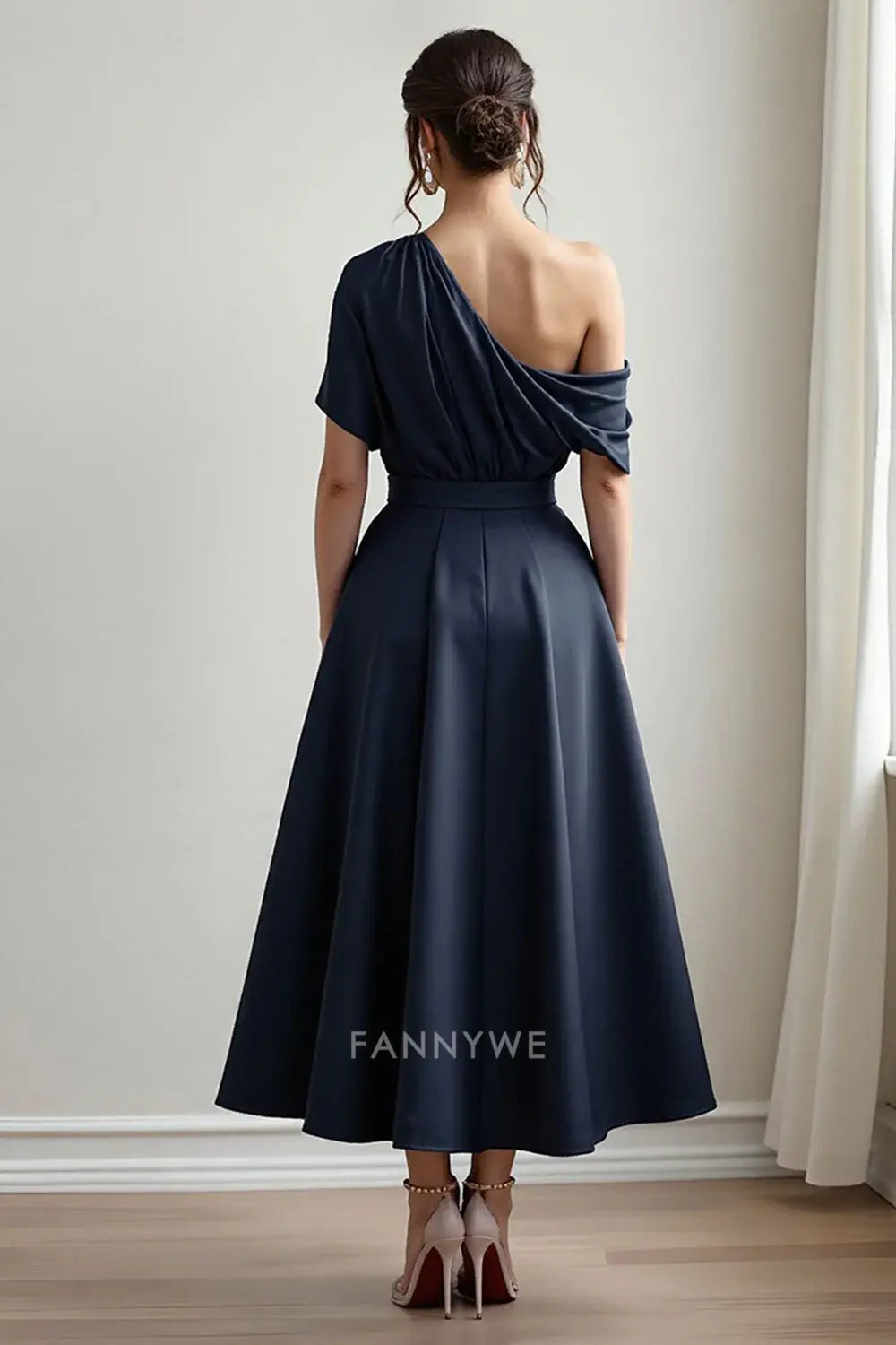 Elegant One - Shoulder Satin Midi Dress with Pockets Mother of the Bride Dress
